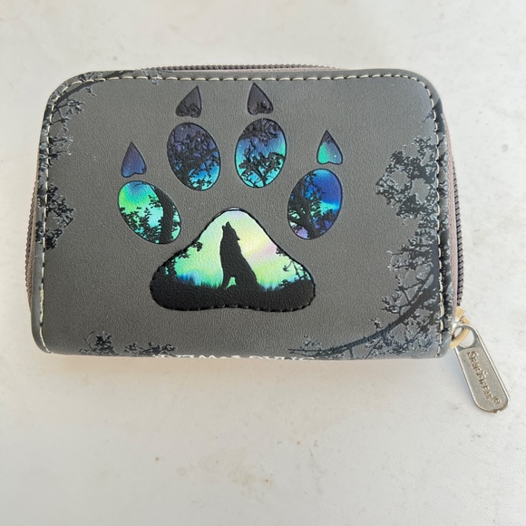 Shag Wear Small Wallet Faux Leather Wolf Paw Print Gray Zip Around Change Purse - Picture 2 of 5